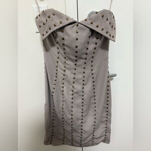 Rachel Gilbert Collared Strapless Dress with Square Studs. Mushroom. Size 0.